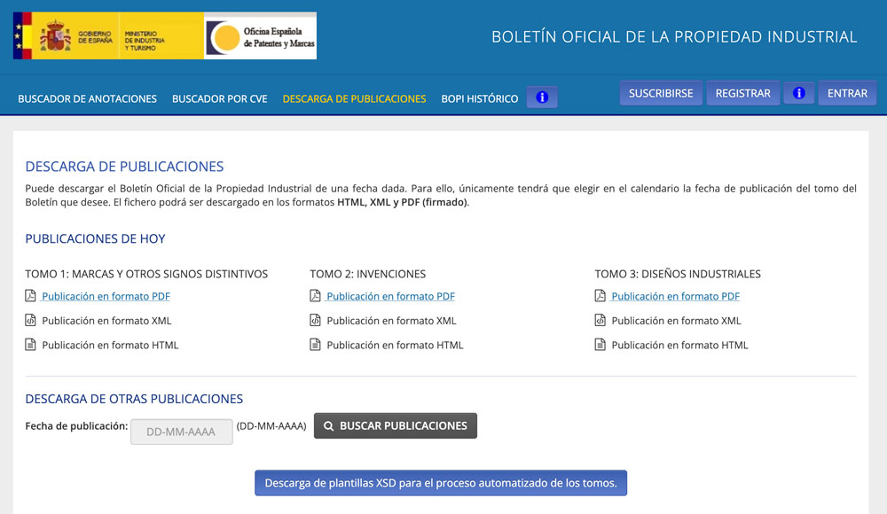 Portal de descarga del Boletín Oficial de la Propiedad Industrial BOPI