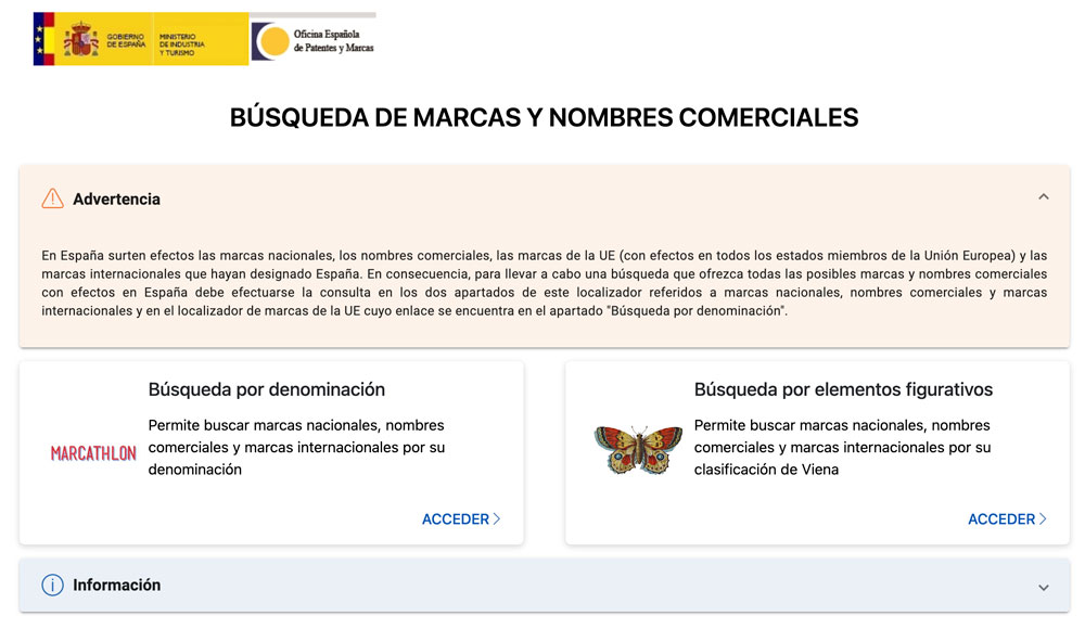 Interfaz del localizador de búsqueda de marcas y nombres comerciales de la OEPM
