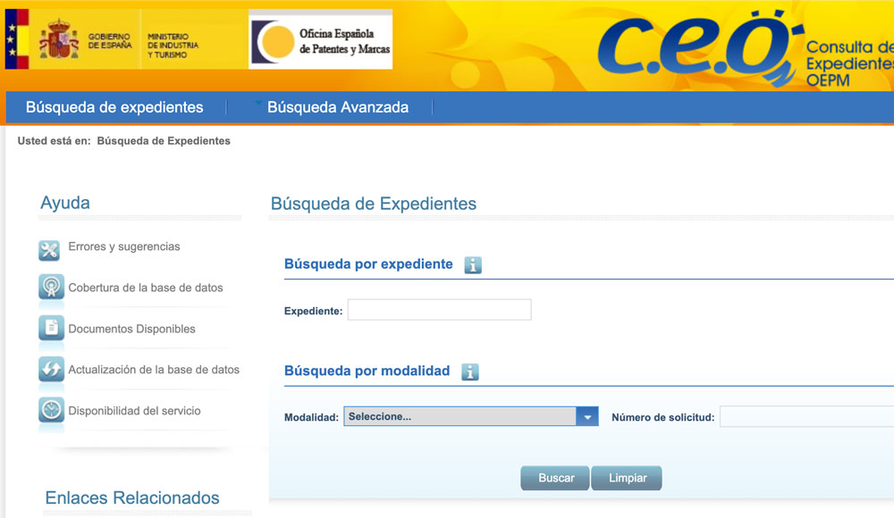 Interfaz de consulta de expedientes del sistema CEO de la OEPM
