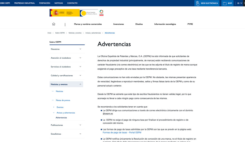 Página de advertencias y avisos legales de la Sede Electrónica de la OEPM