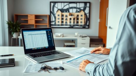 Profesional gestionando documentación de administración de fincas en ordenador