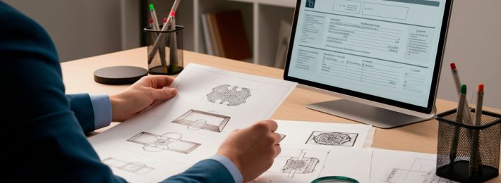 Diseñador revisando bocetos técnicos de diseño industrial con formulario digital