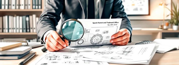 Profesional examinando dibujos técnicos de patente con lupa en oficina
