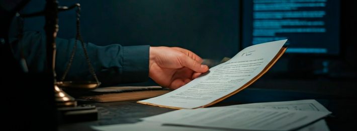Abogado revisando documentos legales de propiedad intelectual en pantalla