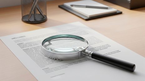 Lupa sobre documento de vigilancia con cuaderno y bolígrafo en escritorio